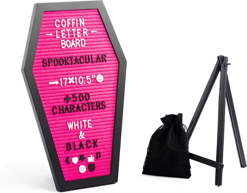 Nomnu Coffin Letter Board Pink With Spooky Emojis +500 Characters, and Wooden Stand - 17x10.5 Inches - Gothic Halloween Decor Spooky Gifts Decorations - Image 3