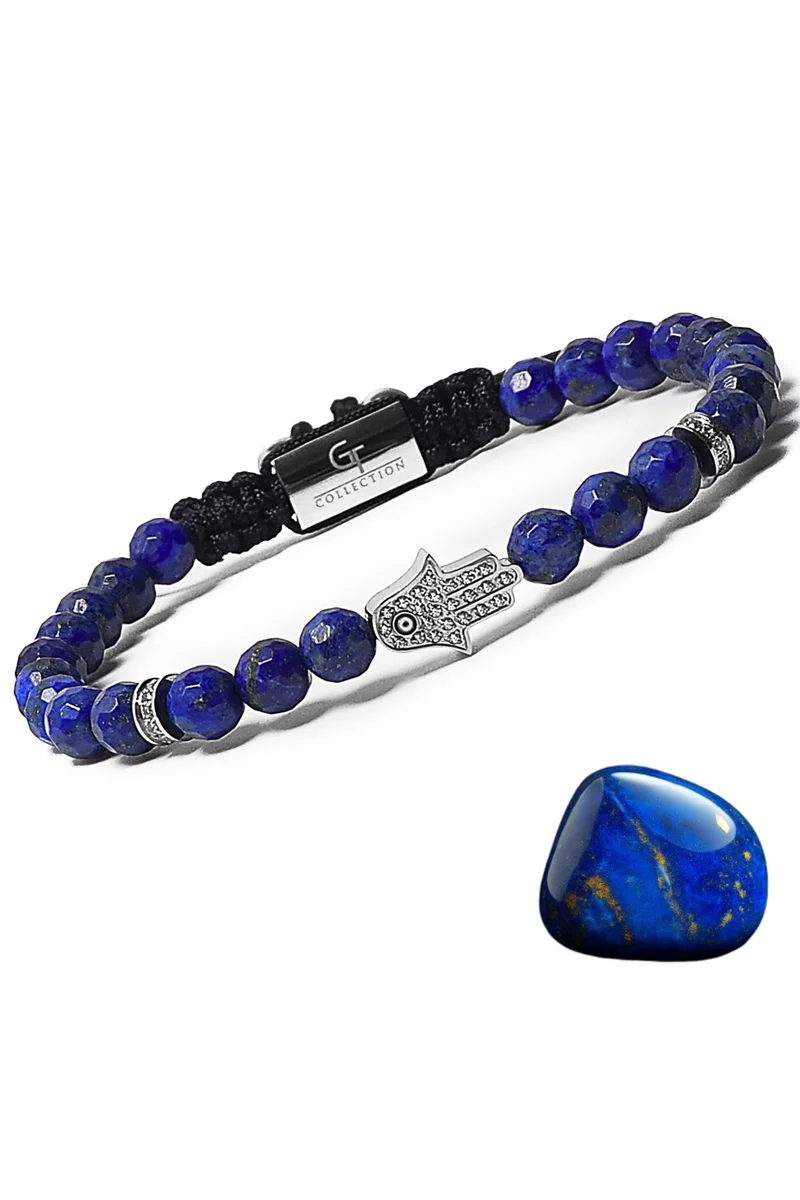 Lapis Lazuli Beads Handmade Natural Stone Bead Bracelet – Bracelet for Men, Men’s Bracelet, Gifts for Men, Bracelets for Men – With Silver Hamsa Hand, Adjustable One Size Fits All