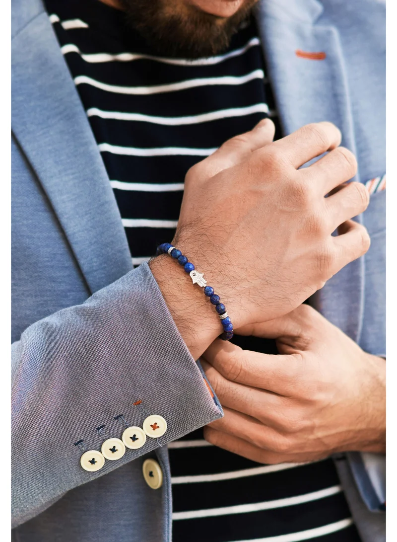 لونورا خرز اللازورد سوار خرز من الحجر الطبيعي مصنوع يدويًا – سوار للرجال، سوار رجالي، هدية للرجال، أساور للرجال – مع يد همسة فضية، قابل للتعديل بمقاس واحد للجميع