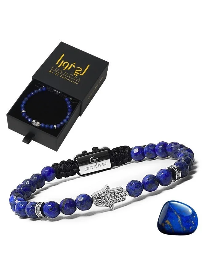 لونورا خرز اللازورد سوار خرز من الحجر الطبيعي مصنوع يدويًا – سوار للرجال، سوار رجالي، هدية للرجال، أساور للرجال – مع يد همسة فضية، قابل للتعديل بمقاس واحد للجميع
