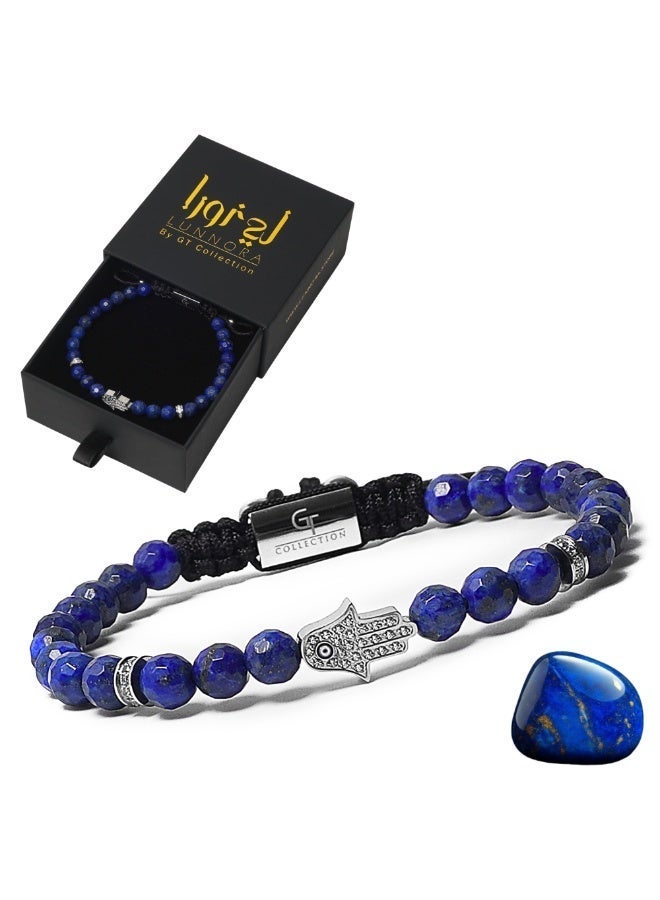 Lunnora Lapis Lazuli Beads Handmade Natural Stone Bead Bracelet – Bracelet for Men, Men’s Bracelet, Gifts for Men, Bracelets for Men – With Silver Hamsa Hand, Adjustable One Size Fits All - Image 1