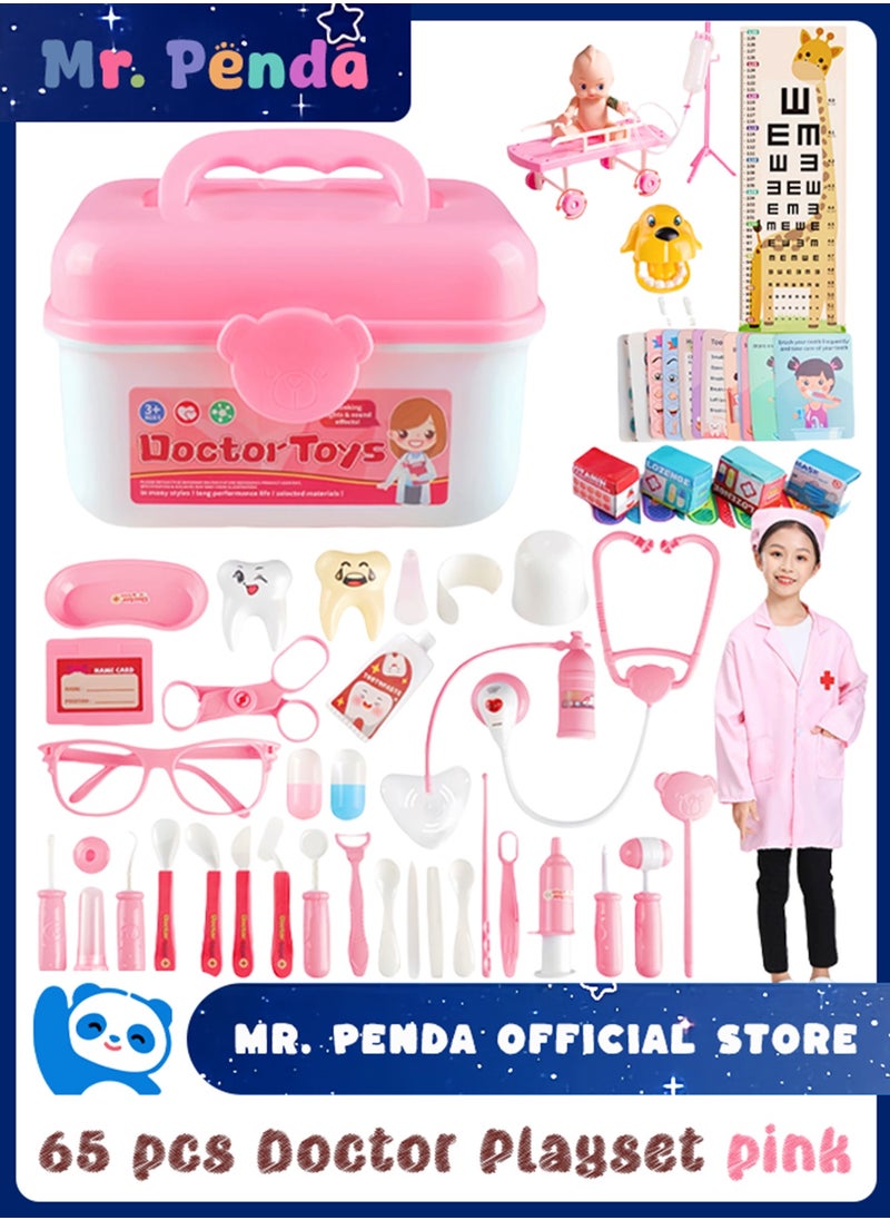 Mr. Penda 65 Pieces Doctors Set for Kids, Dentist Medical Toy Kit with Stethoscope, Pretend Play Doctor Role Play with Medicine Chest and Dental Accessories, Gifts for Boys Girls Kids Ages 3+ (Pink)  - Image 1