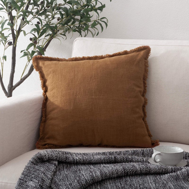 ATLINIA Linen Decorative Throw Pillow Cover 20 ' ' x 20 ' ' Fringed Throw Pillow Cover Pillow Cases Accent Pillows for Bed Brown Pillow Cover