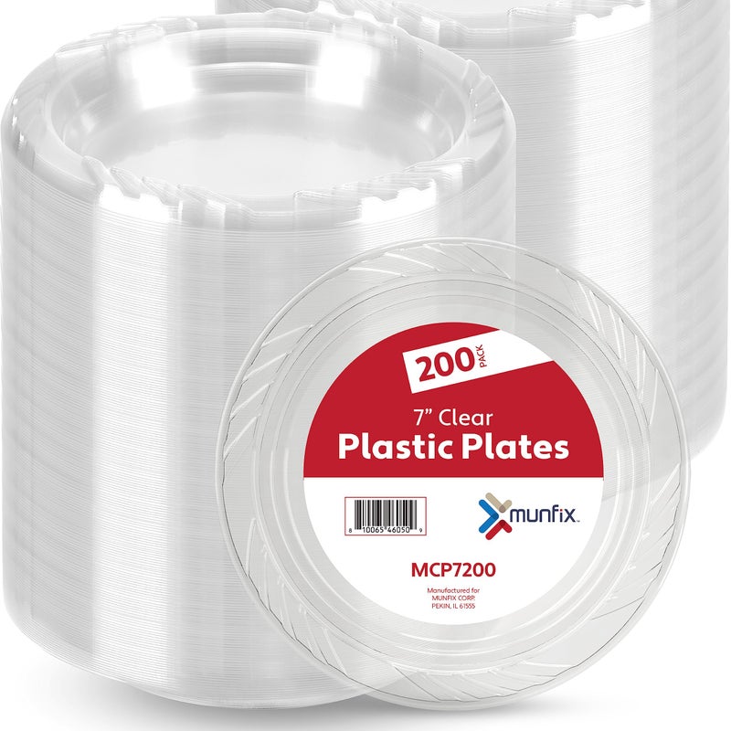 Munfix 200 Clear Plastic Plates Set - 7 Inch Disposable Dessert/Salad Plates, Bulk Pack for Party BBQ, Picnic, Parties, Travel and Events, Microwavable Recyclable - Image 1