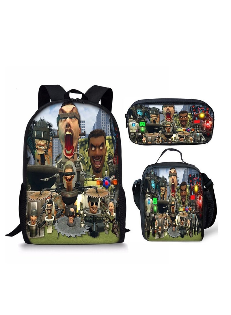 3 Piece Skibidi Toilet 3D Print Insulated Lunch Backpack Set Multicolour