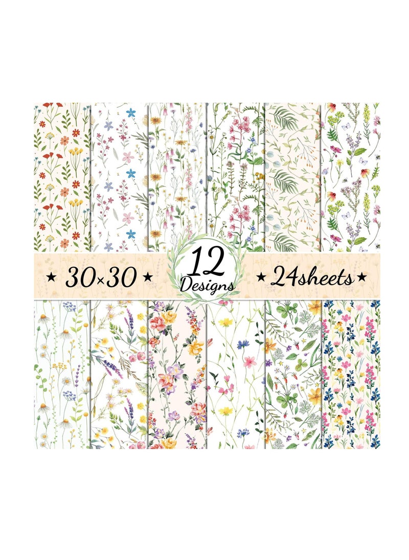 Wildflower Pattern Paper, 24 Sheets 11.8X11.8 Inch Spring Scrapbook, Specialty Paper Watercolor Colorful Flowers, Double-sided Craft Paper for DIY Card, Making Photo, Album Decor - Image 1