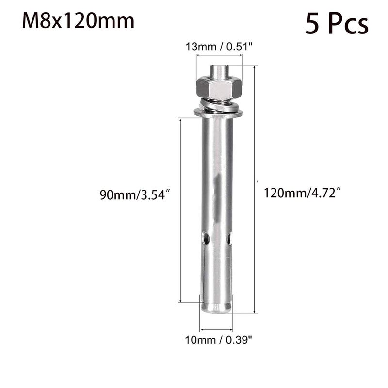 SDY 5 Pcs M8 x 120mm 304 Stainless Steel Expansion Bolt External Hex Expansion Screw Bolt Sleeve Anchor，Pool Safety Cover Expansion Bolts，for Concrete - Image 2
