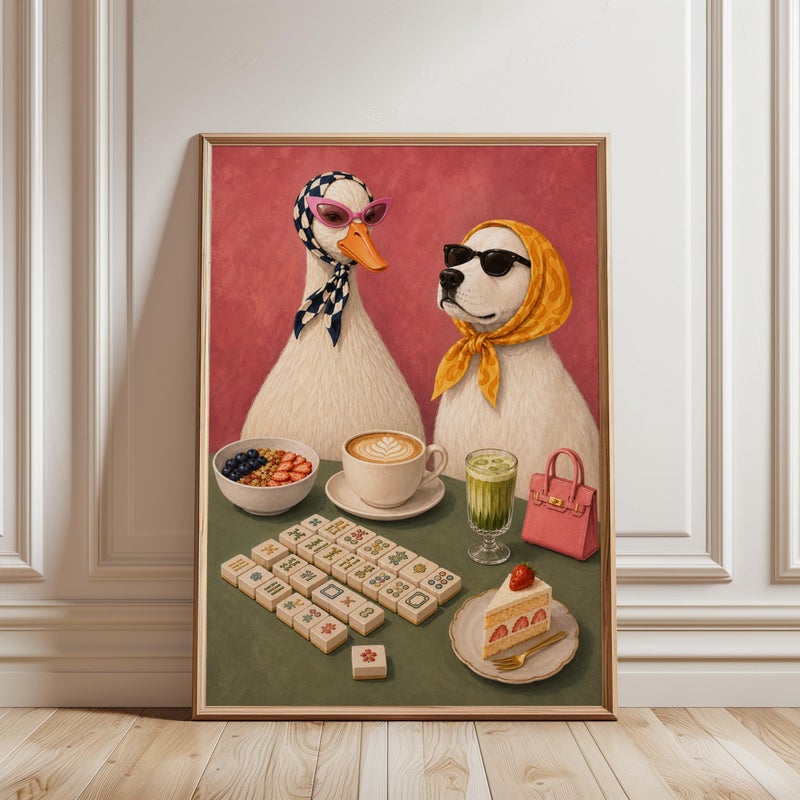 TNESSENTIAL Breakfast Mahjong Poster: Goose and Dog Café, Preppy Pink, Whimsical Animal Wall Art - Image 1