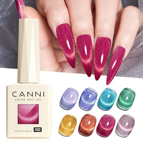 CANNI 8 Pcs 9 ML Cat Eye Gel Nail Polish Set Red Pink Blue Green Yellow Glitter Rainbow Holographic Cat Eye Gel Polish Kit with Magnet Shimmer Colors Nail Art Manicure Salon DIY Gifts - Image 3