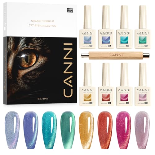 CANNI 8 Pcs 9 ML Cat Eye Gel Nail Polish Set Red Pink Blue Green Yellow Glitter Rainbow Holographic Cat Eye Gel Polish Kit with Magnet Shimmer Colors Nail Art Manicure Salon DIY Gifts - Image 1