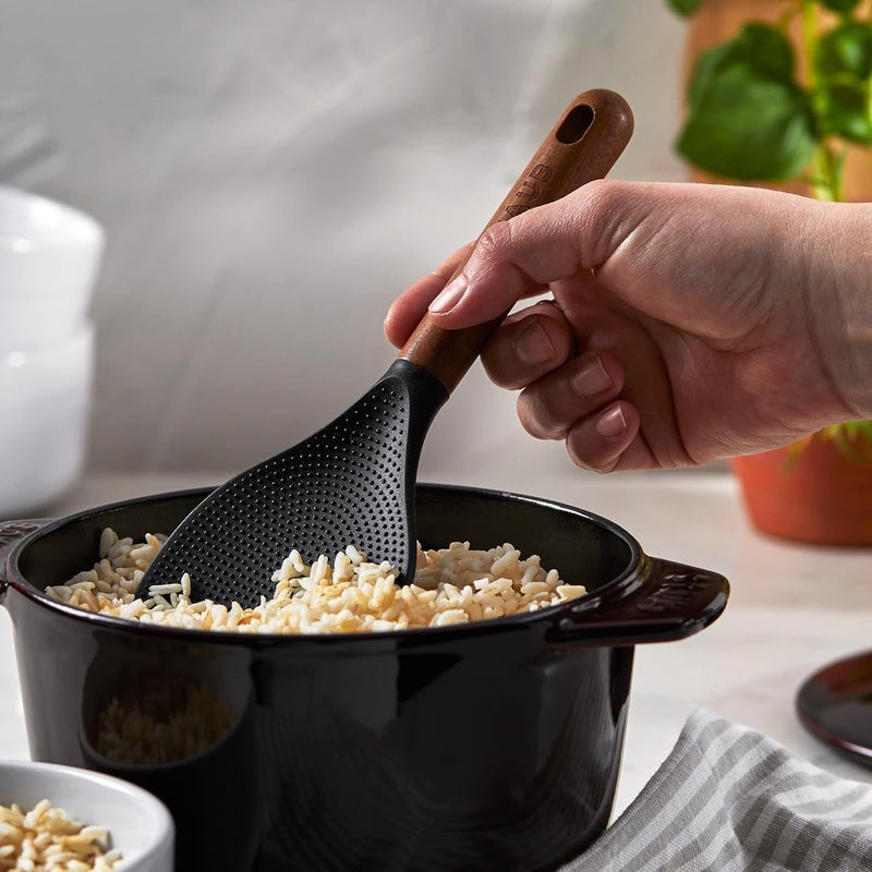 STAUB Rice Spoon, Perfect for Keeping Rice Fluffy While Scooping and Serving, Durable BPA-Free Matte Black Silicone, Acacia Wood Handles, Safe for Nonstick Cooking Surfaces, 8.75 x 3 x 0.75 inches - Image 2
