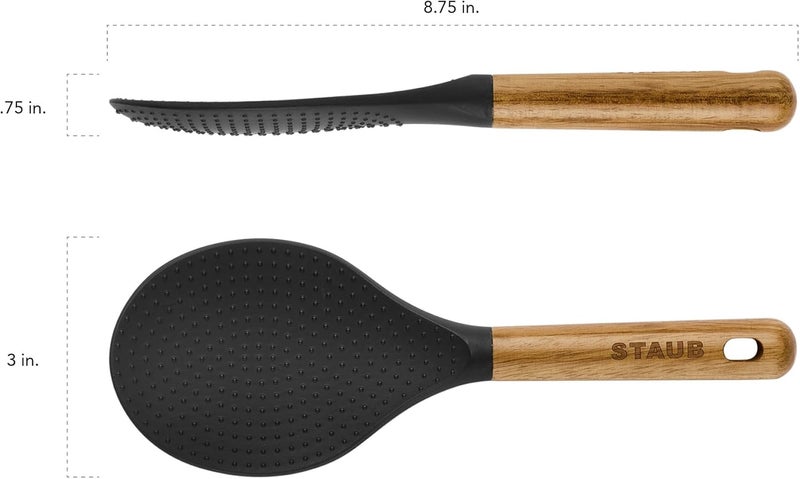 STAUB Rice Spoon, Perfect for Keeping Rice Fluffy While Scooping and Serving, Durable BPA-Free Matte Black Silicone, Acacia Wood Handles, Safe for Nonstick Cooking Surfaces, 8.75 x 3 x 0.75 inches - Image 3