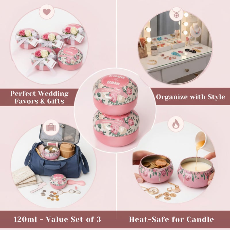 Tinplate Storage Jar for Candles, Accessories, Coins, Beads – Reusable, Anti-Rust, 120ml SET OF 3 (Pink) - Image 4