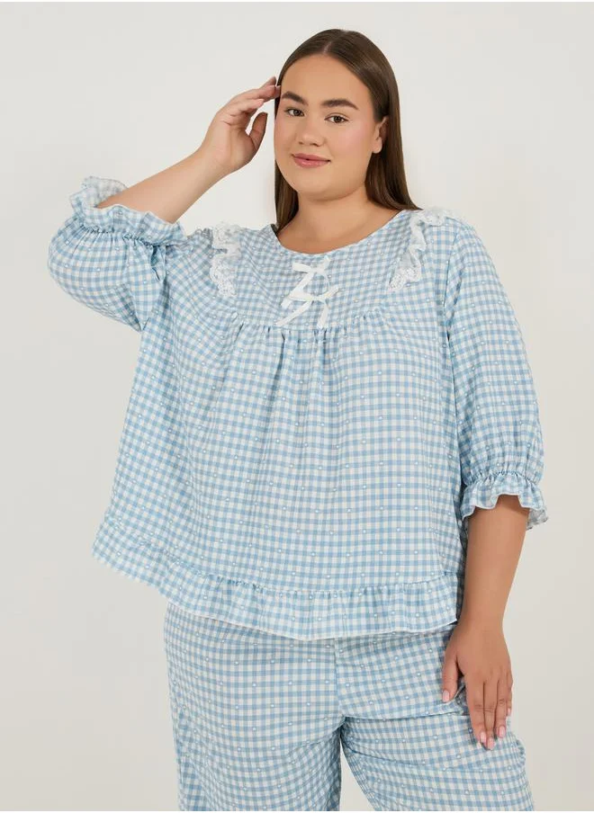 Styli Plus Size Gingham Check Frill Detail Round Neck Top & Pyjama Set