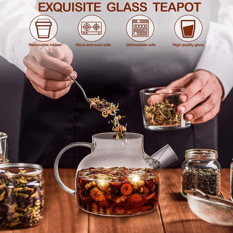 KHOLAD Glass Teapot with Bamboo Lid, Glass Kettle Stovetop & Microwave Safe, Removable Filter Spout for Loose Leaf and Blooming Tea and Fruit Tea (Tea Pot with Wooden Lid & Filter Spout - 1000ml) - Image 4