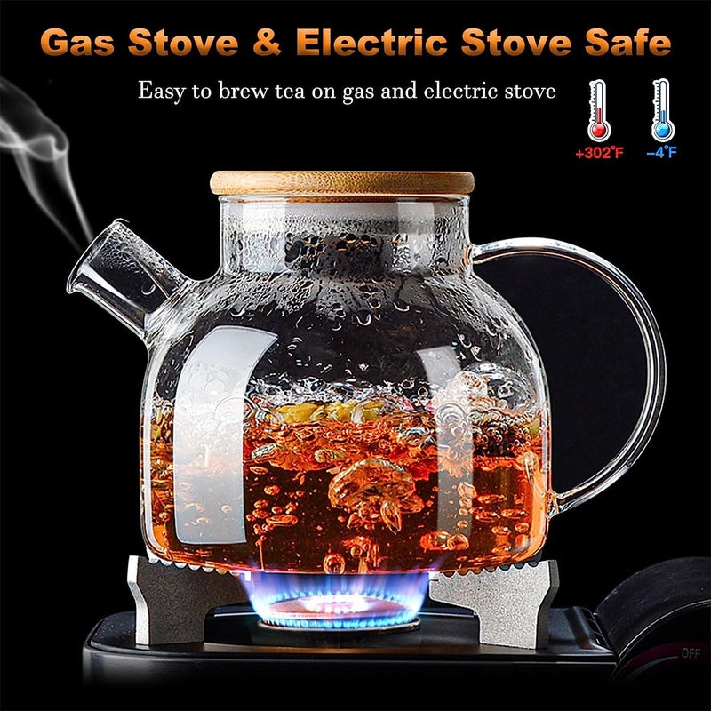 KHOLAD Glass Teapot with Bamboo Lid, Glass Kettle Stovetop & Microwave Safe, Removable Filter Spout for Loose Leaf and Blooming Tea and Fruit Tea (Tea Pot with Wooden Lid & Filter Spout - 1000ml) - Image 2