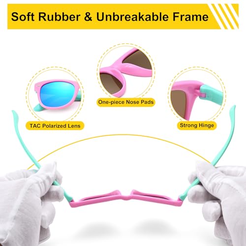 AZorb Kids Polarized Sunglasses TPEE Rubber Flexible Frame for Boys Girls Age 3-8, 100% UV Protection 3 Pack(All Pink/Gray + Black/Green Mirror + Red/Pink Mirror) - Image 3