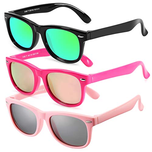 AZorb Kids Polarized Sunglasses TPEE Rubber Flexible Frame for Boys Girls Age 3-8, 100% UV Protection 3 Pack(All Pink/Gray + Black/Green Mirror + Red/Pink Mirror) - Image 1