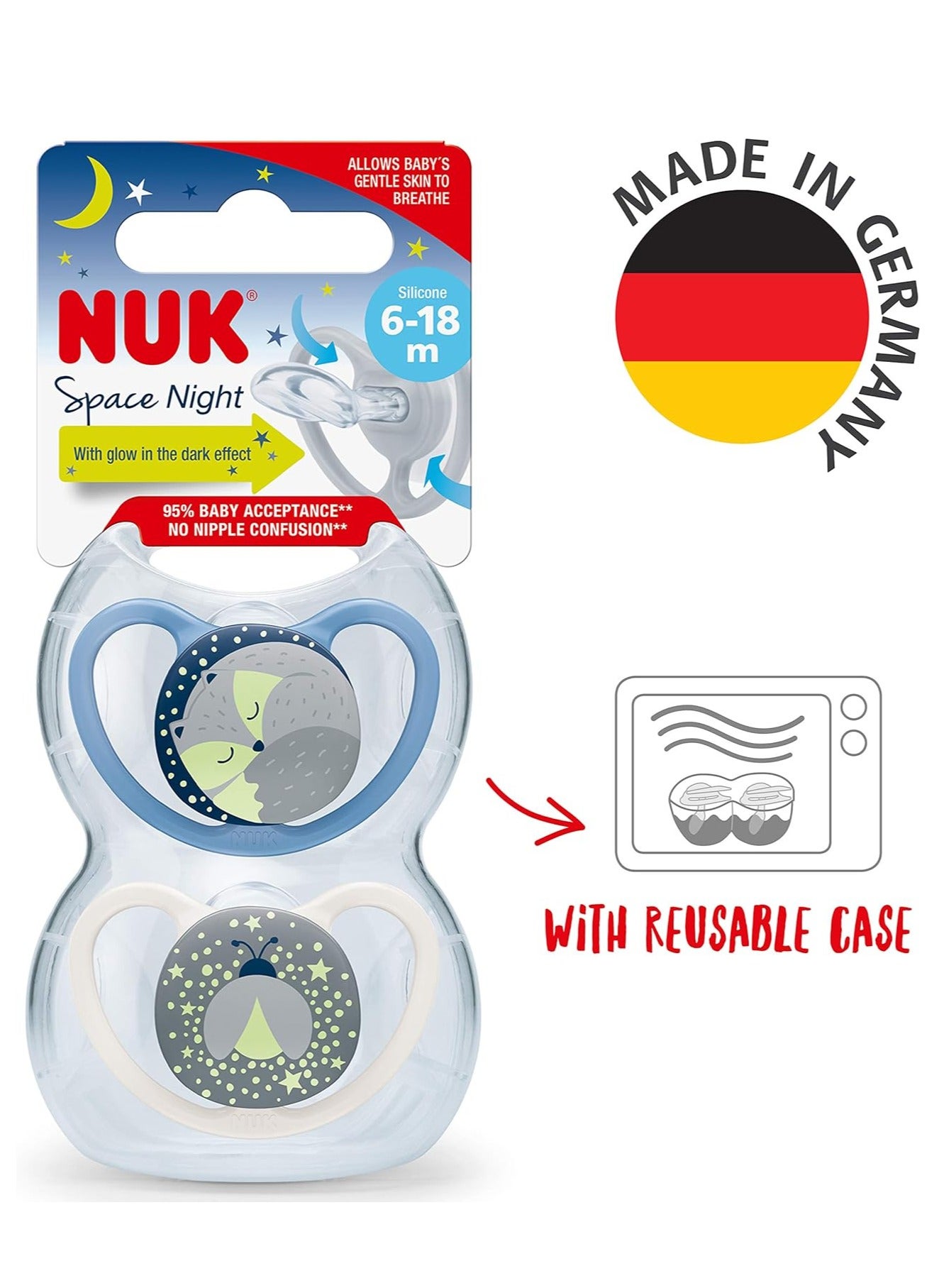 NUK Space Orthodontic Silicone Soother (Night Glow In The Dark) BPA-Free Fox And Firefly Pack Of 2