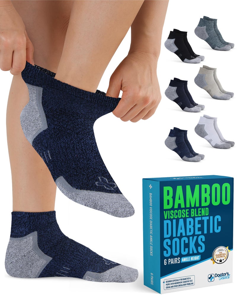 Doctor's Select Bamboo Viscose Diabetic Socks for Men & Women - 6 Pairs, Moisture-Wicking, Non Binding, Wide Top, Black, White, Beige, Aqua, Blue, Navy, Low Cut Mens Diabetic Socks/Blu/Nvy(mrld)-6P - Image 1