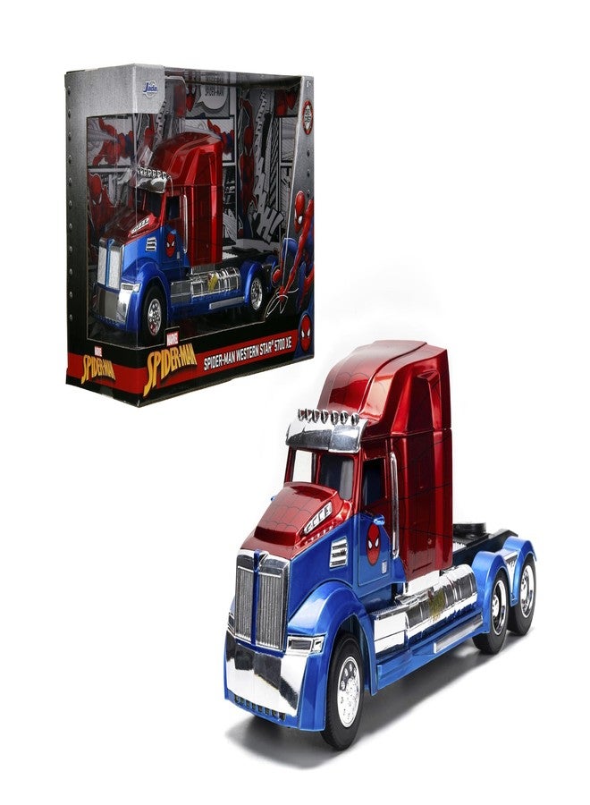 Jada Spider-Man Western Star 5700 XE Big Rig - Die-Cast Vehicle - 1:24 Scale, Opening Doors, Chrome Finishes, Rubber Tires - Hollywood Rides Marvel Series - Ages 8+ - Red/Blue - Image 1