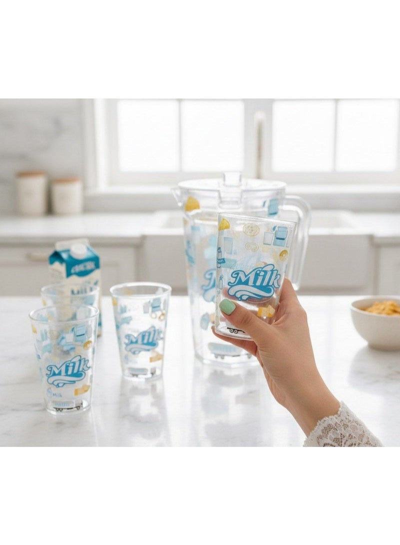 2L Vintage Fresh Milk Design Acrylic Pitcher Set with 4 Matching Glasses, Clear with Blue Print, for Water Juice Milk - Image 4