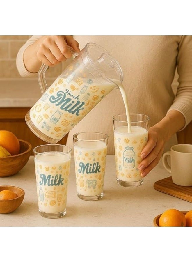 2L Vintage Fresh Milk Design Acrylic Pitcher Set with 4 Matching Glasses, Clear with Blue Print, for Water Juice Milk - Image 1