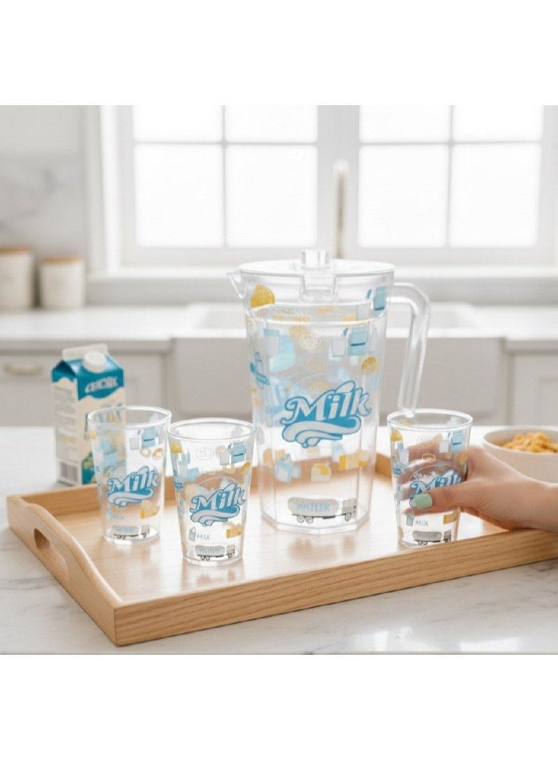 2L Vintage Fresh Milk Design Acrylic Pitcher Set with 4 Matching Glasses, Clear with Blue Print, for Water Juice Milk - Image 3