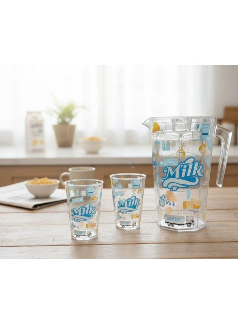 2L Vintage Fresh Milk Design Acrylic Pitcher Set with 4 Matching Glasses, Clear with Blue Print, for Water Juice Milk - Image 2