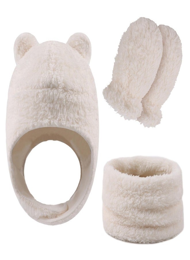Peecabe Fleece Baby Hat Scarf Mitten Set Winter Toddler Beanie Warm Mittens Infant Scarves Ears Earflap Hats for Baby Boys Girls (White, S) - Image 1