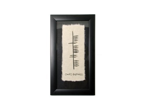 Biddy Murphy SONAS is Gaelic for Happiness, Hand Scripted Irish Ogham Wall Décor, 6”x 11”, Black Wood Matted Glass Frame, Elegant Bespoke Feathered Handmade Paper, Irish Housewarming Gift, Imported from Ireland | Handmade in Ireland | Crafted on Handmade Paper | Written in Ogham Script - Image 1