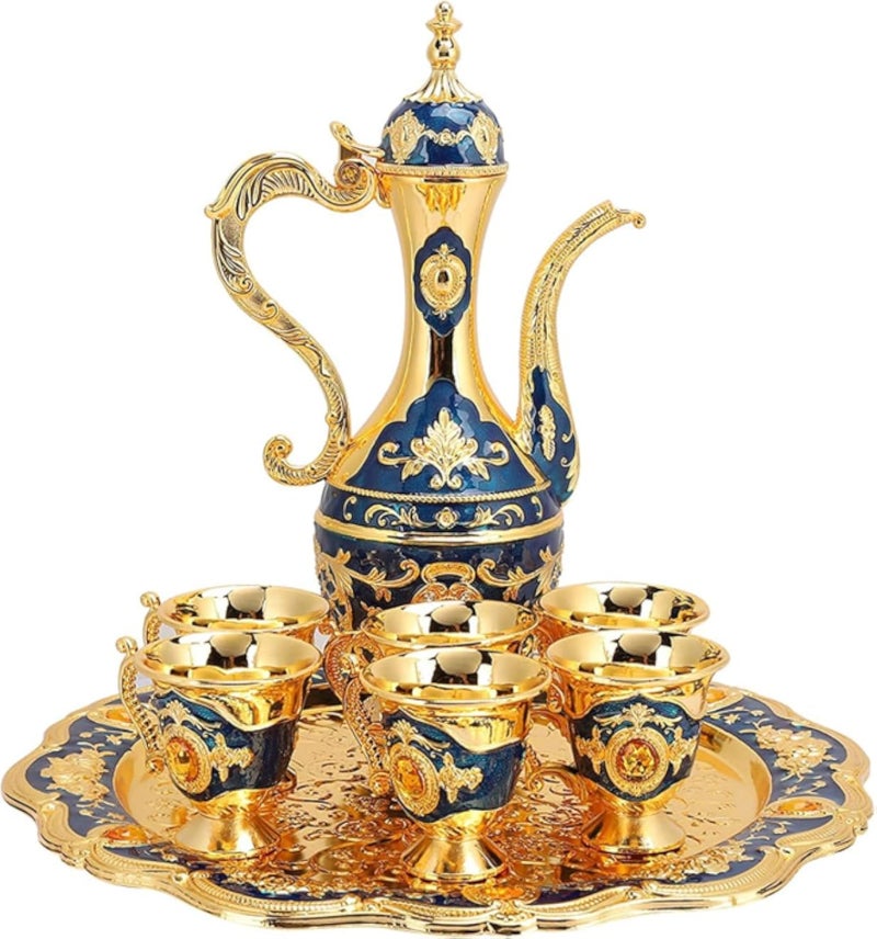 Vintage Metal Turkish Coffee Pot Set Turkish Tea Set with 13 Luxury Coffee Cups & Craft Tea Tray Teapot for Serving Tea Zamzam Coffee Cappuccino,Gold Silver Ottoman Trim Weddin Gift