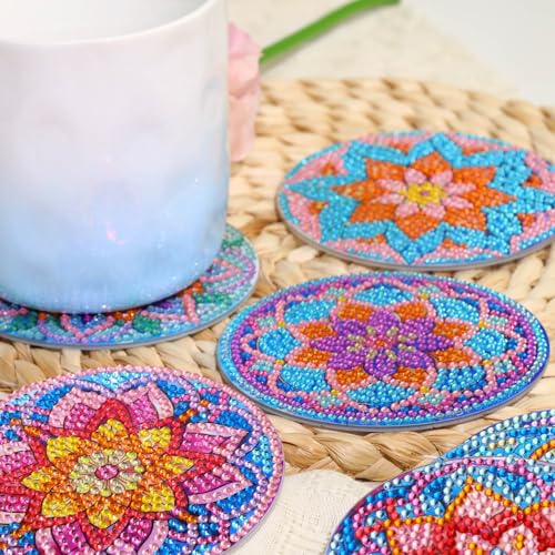 Yanfairy 8 PCS Lotus Diamond Art Coasters Kits, Diamond Painting Coasters with Holder Set of 8, DIY Drink Coasters Art Crafts Supplies for Adults Cup Mat for Home Decor House Warming Gifts Non-Slip 3.9inch - Image 3