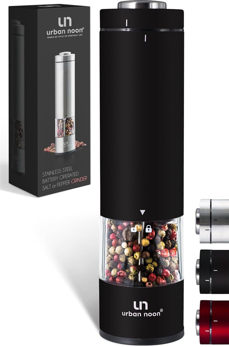 Electric Salt and Pepper Grinder  Battery Operated Stainless Steel Pepper Mill with Light Black  Automatic One Handed Operation  Electronic Adjustable Shaker  Ceramic Grinder