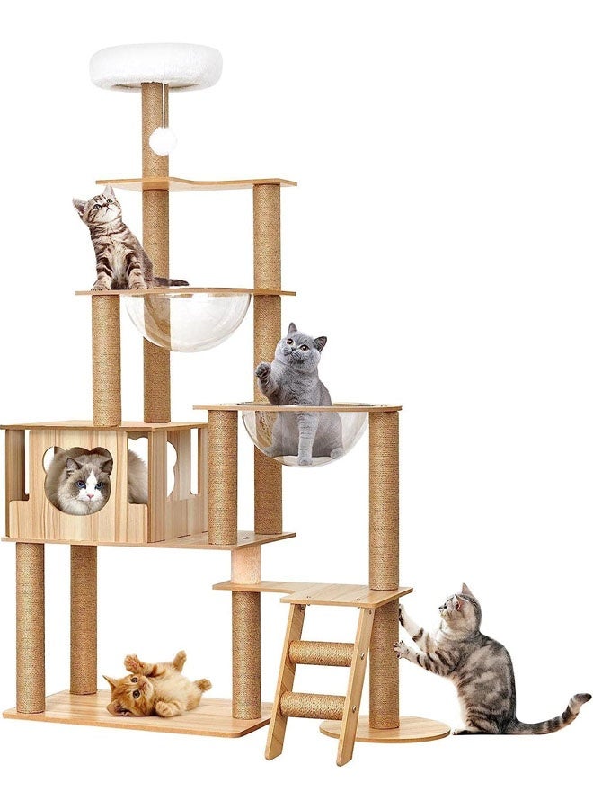 إل&إي شجرة قطط حديثة للقطط الداخلية، برج خشبي متعدد المستويات بطول 65 بوصة، شقتان كبيرتان على شكل كبسولة، مزودة بخدش من السيزال بالكامل - Image 1