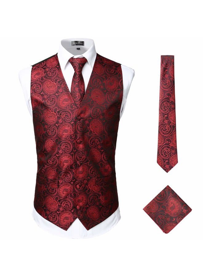 ZEROYAA Mens Classic 3pc Jacquard Paisley Vest Set Necktie Pocket Square Waistcoat for Suit or Tuxedo ZLSV08 Burgundy Black X-Large - Image 1