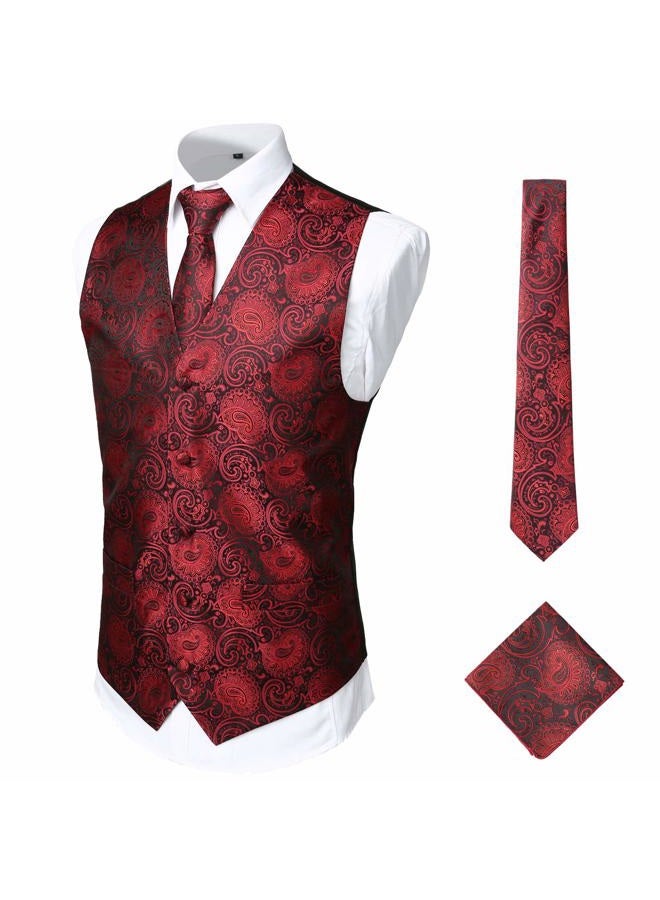 ZEROYAA Mens Classic 3pc Jacquard Paisley Vest Set Necktie Pocket Square Waistcoat for Suit or Tuxedo ZLSV08 Burgundy Black X-Large - Image 5