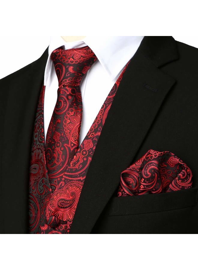 ZEROYAA Mens Classic 3pc Jacquard Paisley Vest Set Necktie Pocket Square Waistcoat for Suit or Tuxedo ZLSV08 Burgundy Black X-Large - Image 3