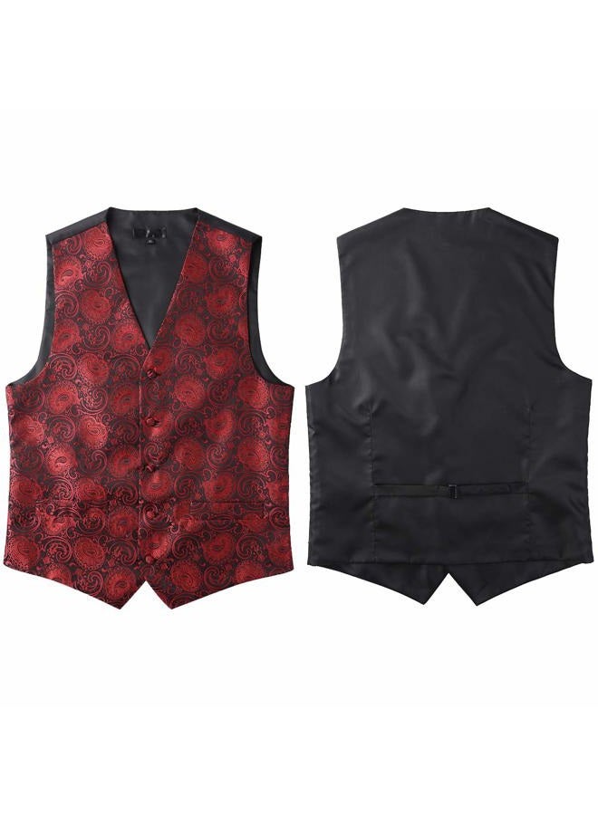 ZEROYAA Mens Classic 3pc Jacquard Paisley Vest Set Necktie Pocket Square Waistcoat for Suit or Tuxedo ZLSV08 Burgundy Black X-Large - Image 4