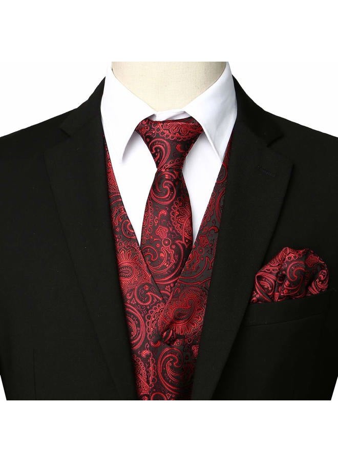 ZEROYAA Mens Classic 3pc Jacquard Paisley Vest Set Necktie Pocket Square Waistcoat for Suit or Tuxedo ZLSV08 Burgundy Black X-Large - Image 2