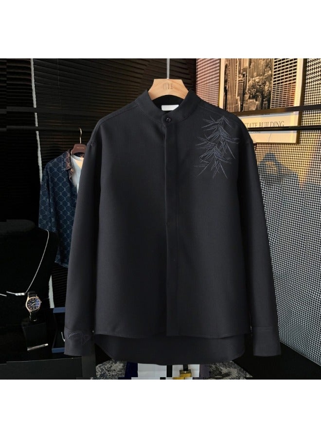 Handsome Embroidered Stand-up Collar Shirt Men's Long-sleeved Trendy Brand Trendy Light Mature Style Men's Spring And Autumn Drapey Casual Shirt