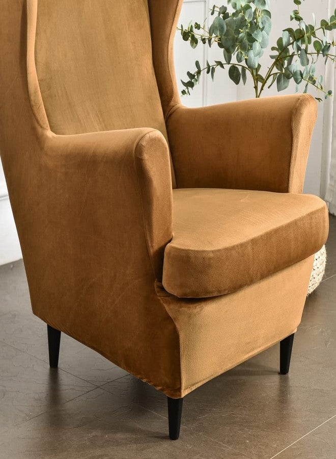 MIFXIN Wing Chair Slipcover 2 Piece Set Velvet Stretch Wingback Chair Cover with Cushion Cover Soft Washable Armchair Furniture Protector for Living Room Bedroom (Camel) - Image 5