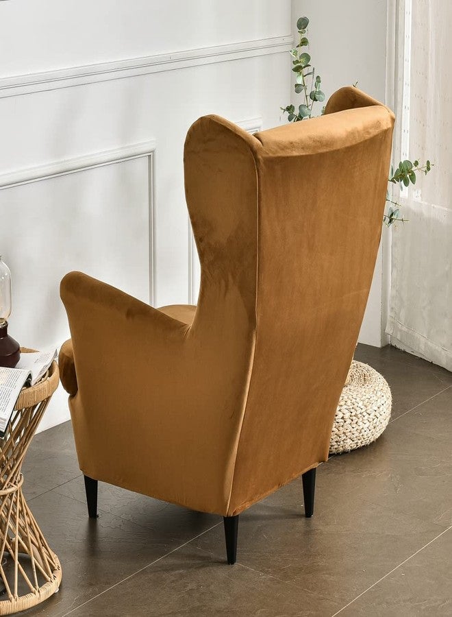 MIFXIN Wing Chair Slipcover 2 Piece Set Velvet Stretch Wingback Chair Cover with Cushion Cover Soft Washable Armchair Furniture Protector for Living Room Bedroom (Camel) - Image 4