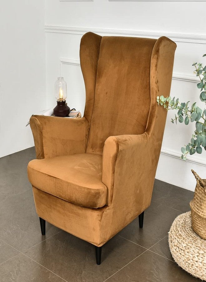 MIFXIN Wing Chair Slipcover 2 Piece Set Velvet Stretch Wingback Chair Cover with Cushion Cover Soft Washable Armchair Furniture Protector for Living Room Bedroom (Camel) - Image 3