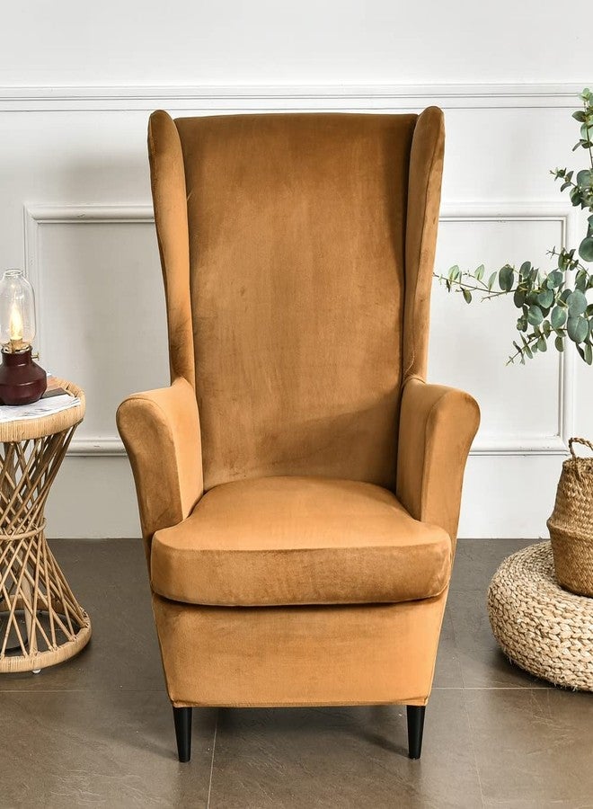 MIFXIN Wing Chair Slipcover 2 Piece Set Velvet Stretch Wingback Chair Cover with Cushion Cover Soft Washable Armchair Furniture Protector for Living Room Bedroom (Camel) - Image 1