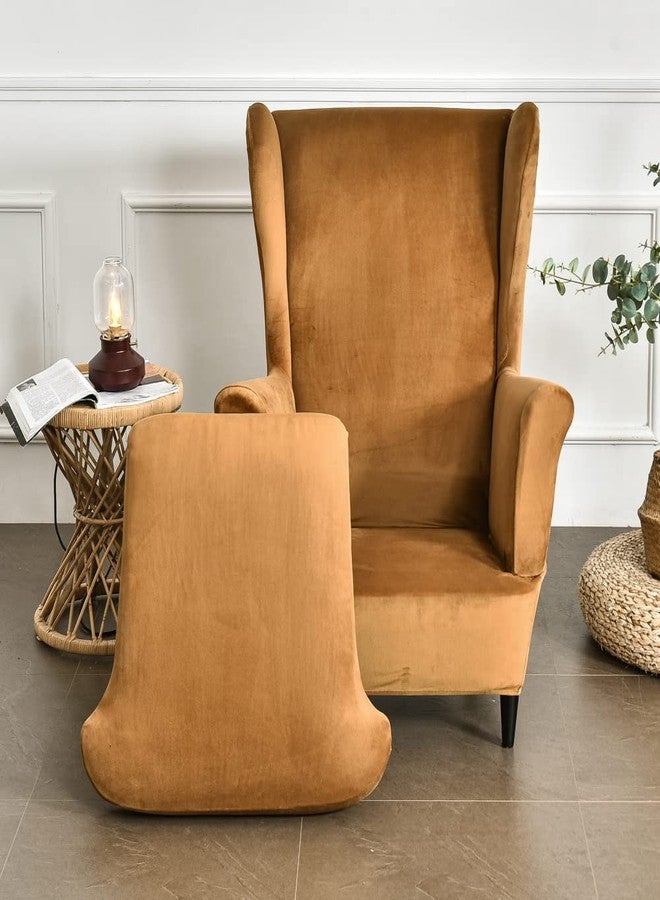 MIFXIN Wing Chair Slipcover 2 Piece Set Velvet Stretch Wingback Chair Cover with Cushion Cover Soft Washable Armchair Furniture Protector for Living Room Bedroom (Camel) - Image 2