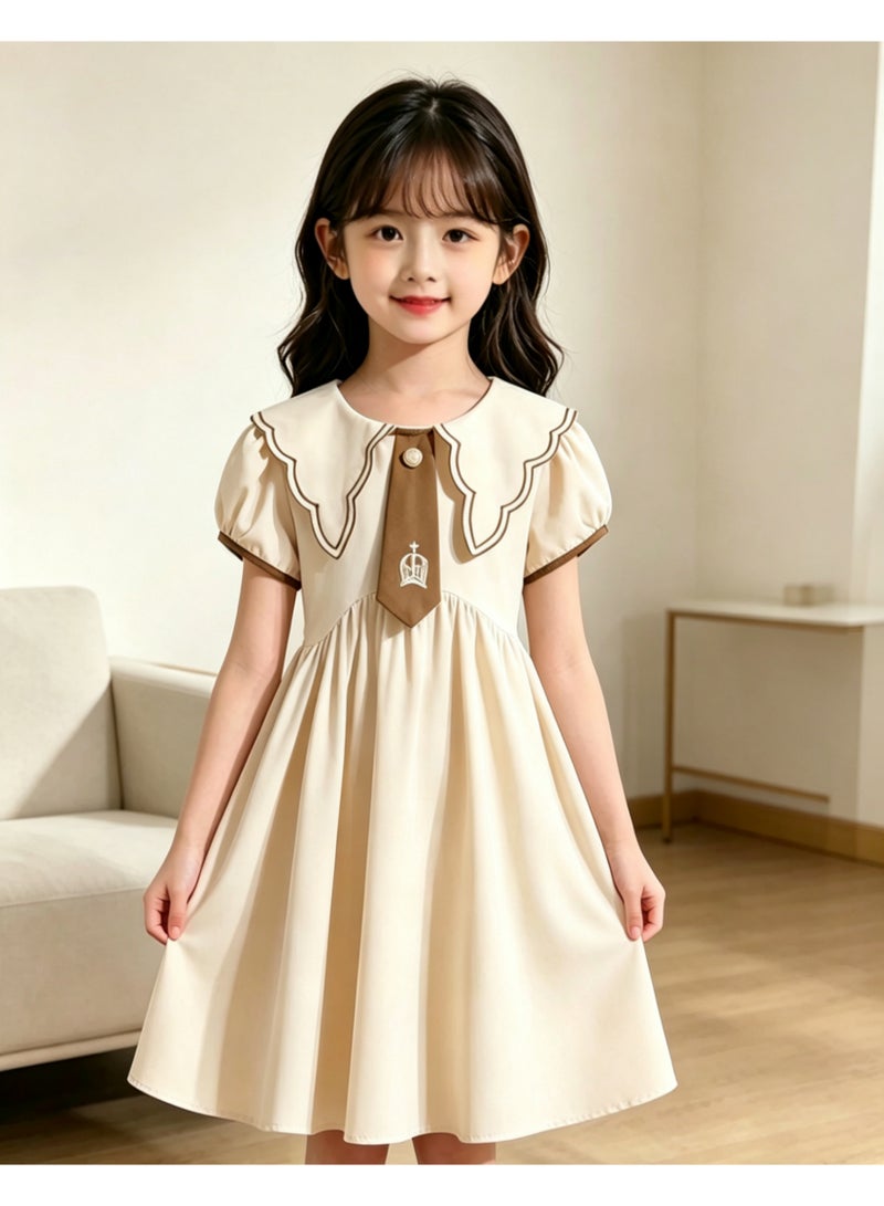 Girls' Preppy Style Puff Sleeve Dress, Casual Summer School Uniform with Sailor Collar, Tie Neck & Crown Embroidery, Comfortable A-Line Dress for Kids - Image 1