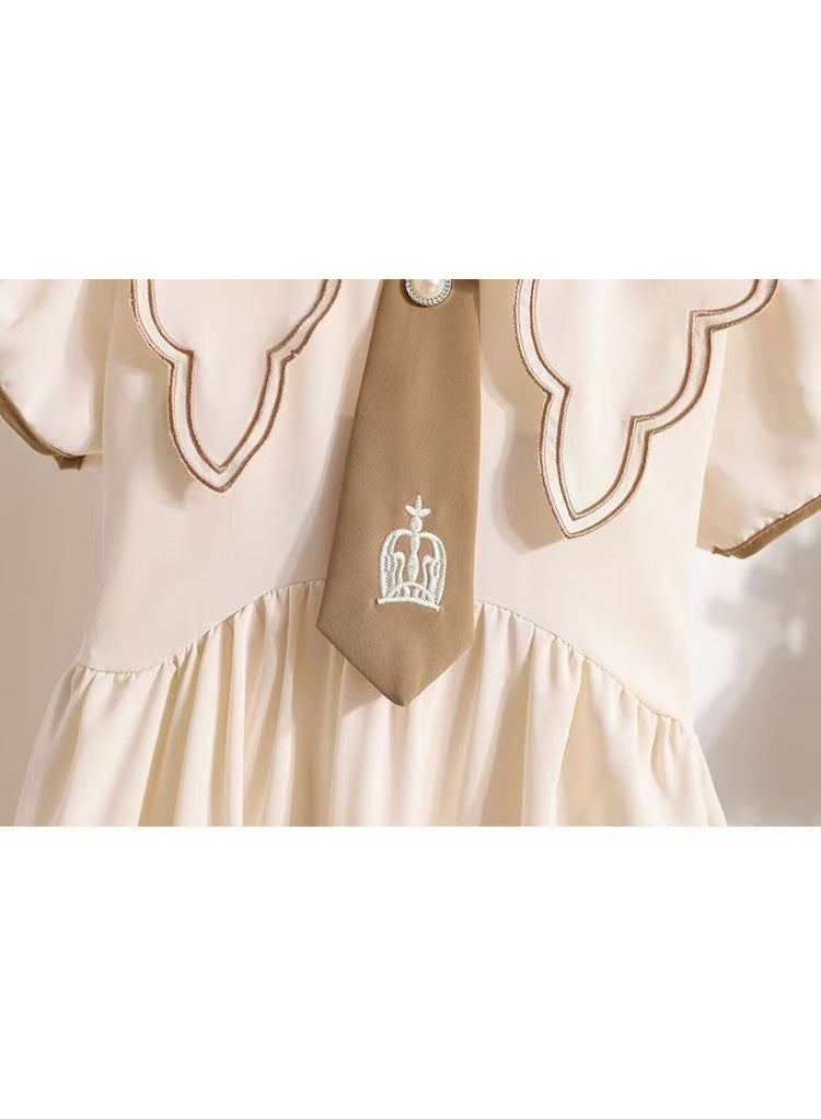 Girls' Preppy Style Puff Sleeve Dress, Casual Summer School Uniform with Sailor Collar, Tie Neck & Crown Embroidery, Comfortable A-Line Dress for Kids - Image 2