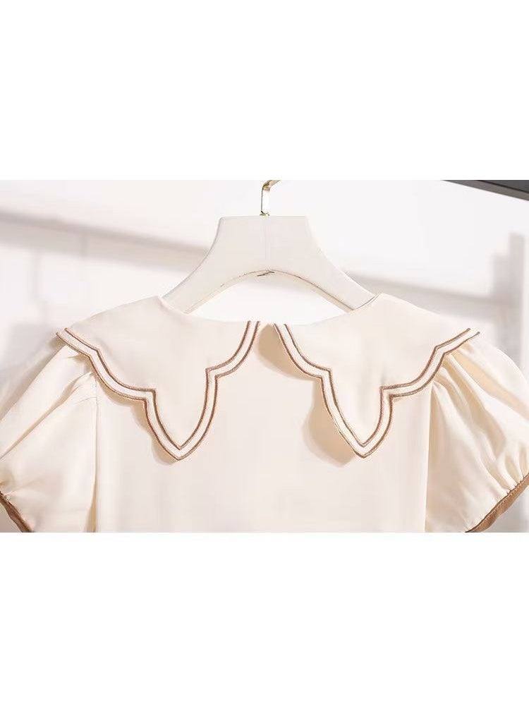 Girls' Preppy Style Puff Sleeve Dress, Casual Summer School Uniform with Sailor Collar, Tie Neck & Crown Embroidery, Comfortable A-Line Dress for Kids - Image 5
