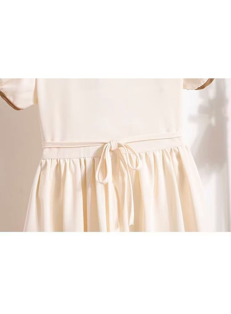 Girls' Preppy Style Puff Sleeve Dress, Casual Summer School Uniform with Sailor Collar, Tie Neck & Crown Embroidery, Comfortable A-Line Dress for Kids - Image 4